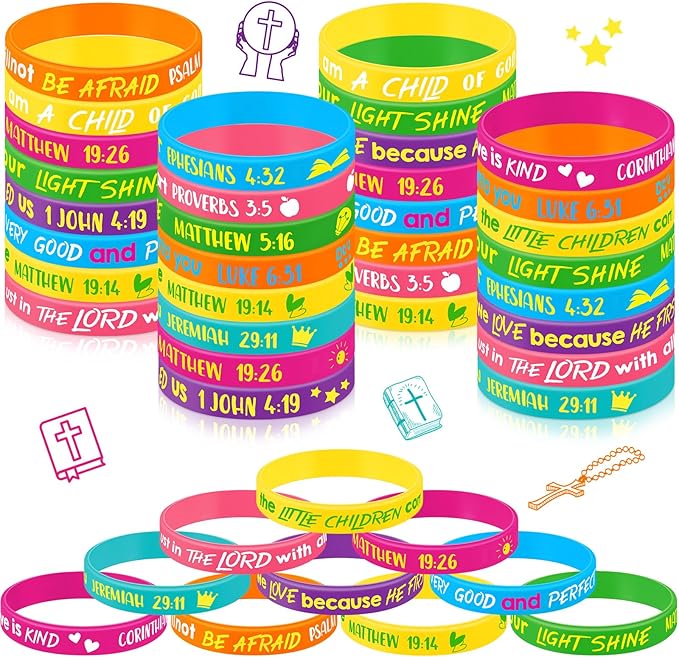 Gueevin 60 Pcs Bible Verse Bracelets for Kids Christian Scripture Bracelets Jesus Wristband Religious Motivational Bracelets Kids Sunday School Gifts Classroom Prizes(Classic Color)