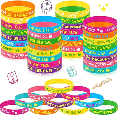 Gueevin 60 Pcs Bible Verse Bracelets for Kids Christian Scripture Bracelets Jesus Wristband Religious Motivational Bracelets Kids Sunday School Gifts Classroom Prizes(Classic Color)