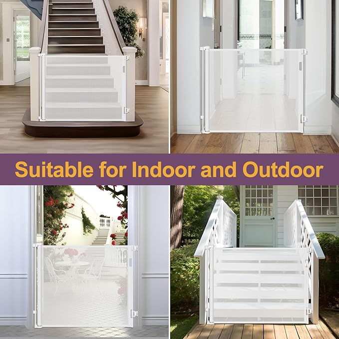 42" Tall X 60" Wide Retractable Dog Gate Extra Tall Baby Gates for Doorways Tall Pet Gate for Cats Adjustable Baby Gates for Dogs Indoor Outdoor Extra Tall Mesh Gates for Kids or Pets (White)