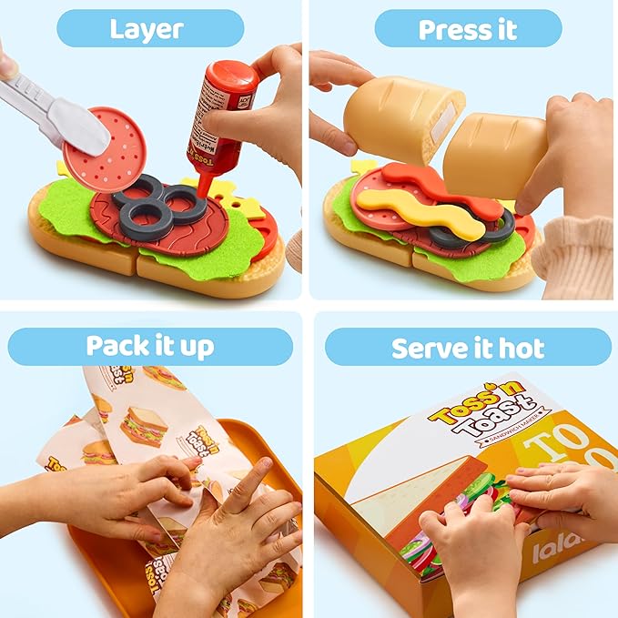 Play Kitchen Food Toy - 40 PCS Toss ‘n Toast Sandwich Making Set with Magic Slicer, Menu Guide and Panini Toy - Interactive Order & Takeout & Checkout Fun for Girls Boys Toddlers