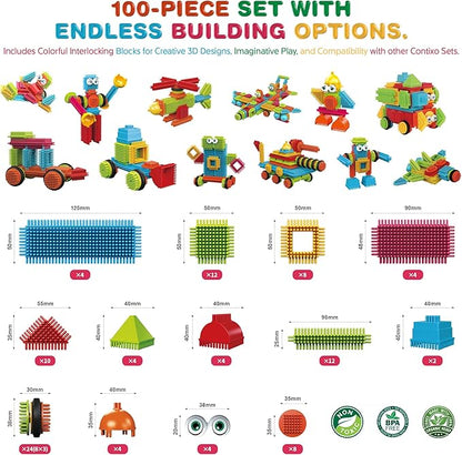 Contixo STEM & STEAM Building Toys, ST6 100-Piece Bristle Shape 3D Tiles Set - Educational Construction Blocks, Creative Stacking & Learning Toy for Kids Ages 3-8