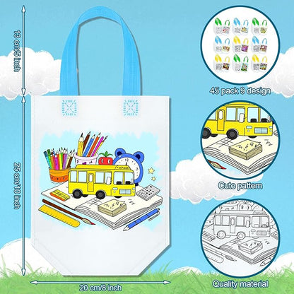 Kacctyen 45 Pcs Back to School Coloring Goodie Bags Reusable Back to School Art Party Favor Paint Bags for Kids Farmhouse Theme Barnyard Birthday Bags Color Your Own Bag Graffiti Goodie Bags, 9 Styles