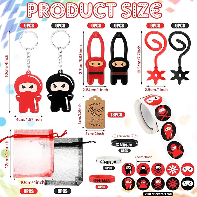 HyDren 109 Pcs Ninja Party Favors for 18 People Include Ninja Slingshot Sticky Stretch Ninja Toys Rubber Keychains Silicone Wristband Ninja Stickers Organza Bag Thank Tags for Birthday Party