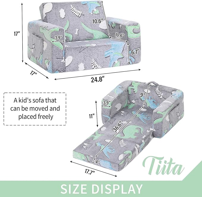 Tiita Kids Sofa, 2-in-1 Kids Sofa Chair, Convertible Toddler Couch to Lounger, Flip Out Baby Sofa Chair, Toddler Armrest Chair Bed, Folding Kids Play Sofa for Girl or Boy(Dark Grey Dinosaur)