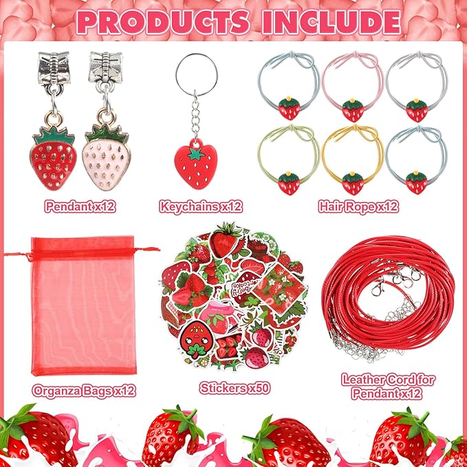 Blosssound 170 Pcs Strawberry Party Favors Set Strawberry Pendant Necklace Hair Rope Gripping Clips Bracelets Keychains Pinch Ball Stickers for Girls Baby Shower Birthday Party Decorations Supplies