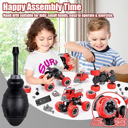 LUDILO 4PCS Fire Truck Toys for 3 4 5 Year Old Boy Birthday Gifts DIY Assembly Take Apart Firetruck with Electric Drill Stem Building Toys Xmas Bday Gifts 3 4 5 6 Year Old Boys Girls Kids Toddler Toys