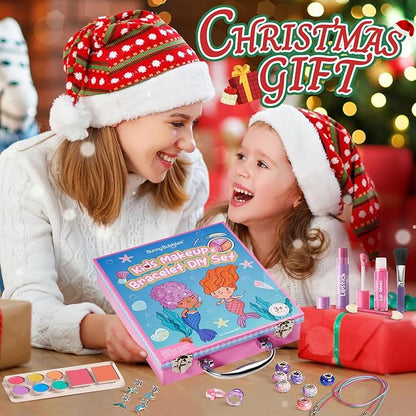 Kids Makeup Sets for Girls - Washable Real Cosmetics Set with Jewelry-Making for Children, Ocean Princess Dress-Up Makeup Bracelet Kits, Ideal Winter Birthday Gift for 4-12 Year Olds (Blue)