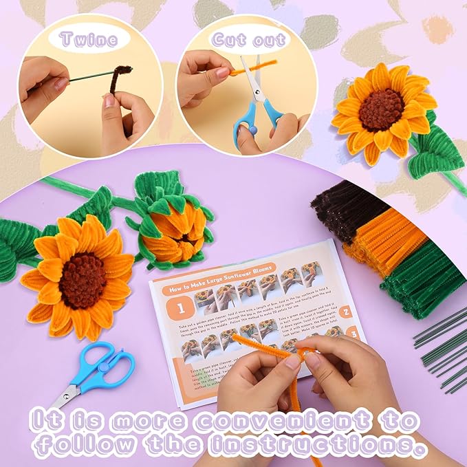 UzecPk 690PCS Orange Pipe Cleaners, Christmas Chenille Stems Pipe Cleaners, Sunflower Pipe Cleaner Flowers Kit with Instructions, Pipe Cleaners Bulk Set for DIY Art and Craft Decorations- 8 Flowers