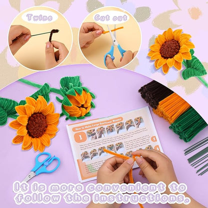 UzecPk 690PCS Orange Pipe Cleaners, Christmas Chenille Stems Pipe Cleaners, Sunflower Pipe Cleaner Flowers Kit with Instructions, Pipe Cleaners Bulk Set for DIY Art and Craft Decorations- 8 Flowers