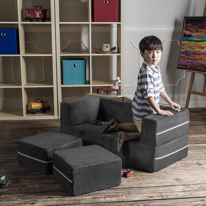 Jaxx Zipline Modular Kids Loveseat & Ottomans/Fold Out Lounger, Charcoal