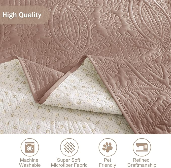 Quilted Pink Sofa Slipcovers with Pockets, Anti-Slip Medallion Designed Couch Covers for 3 Cushion Sofa, Couch Cover for Dogs Cats Water-Repellent Machine Washable (Large Sofa 68", Pink)