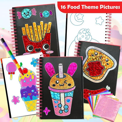 Foil Art Craft Activity for Kids: Fun DIY Toy Sticker Kit, No Mess Creative Travel Supply Set, Idea Birthday Easter Basket Stuffers Valentines Gift for Girl Boy Toddler 4 5 6 7 8 9 Year Old (Food)