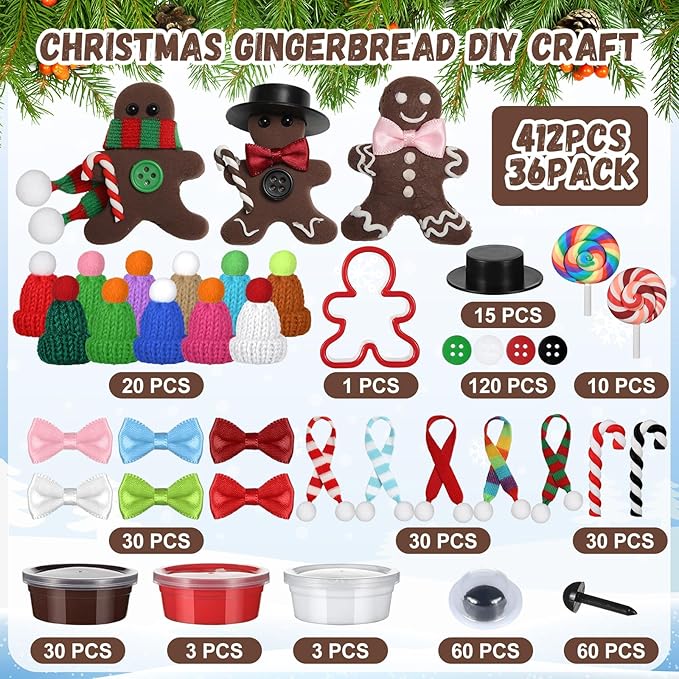 Arrowbash 412 Pcs Christmas Gingerbread Man DIY Crafts Kit, 36 Pack Air Dry Clay Crafts Make You Own Gingerbread Man Modeling Indoor Decorations Gift for Holiday Winter Party Supplies
