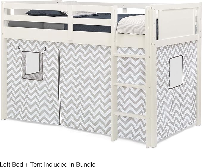 Delta Children Twin Loft Bed with Guardrail and Ladder + Tent [Bundle], White/Chevron