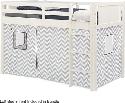Delta Children Twin Loft Bed with Guardrail and Ladder + Tent [Bundle], White/Chevron