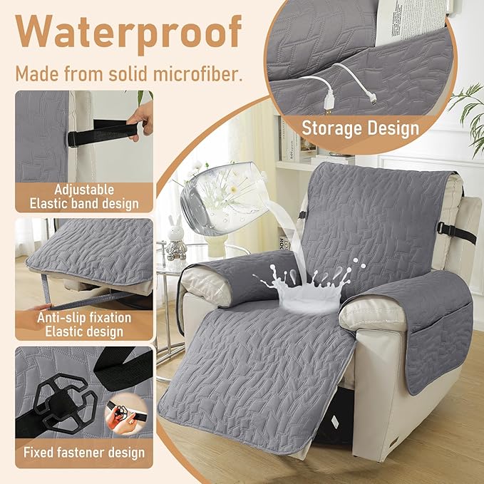 100% Waterproof Recliner Chair Covers for Reclining Chair, Small Recliner Covers That Stay in Place, Non-Slip Recliner Armchair Cover with Pockets for Kids, Pets, Dogs, Cat, Washable,Light gra