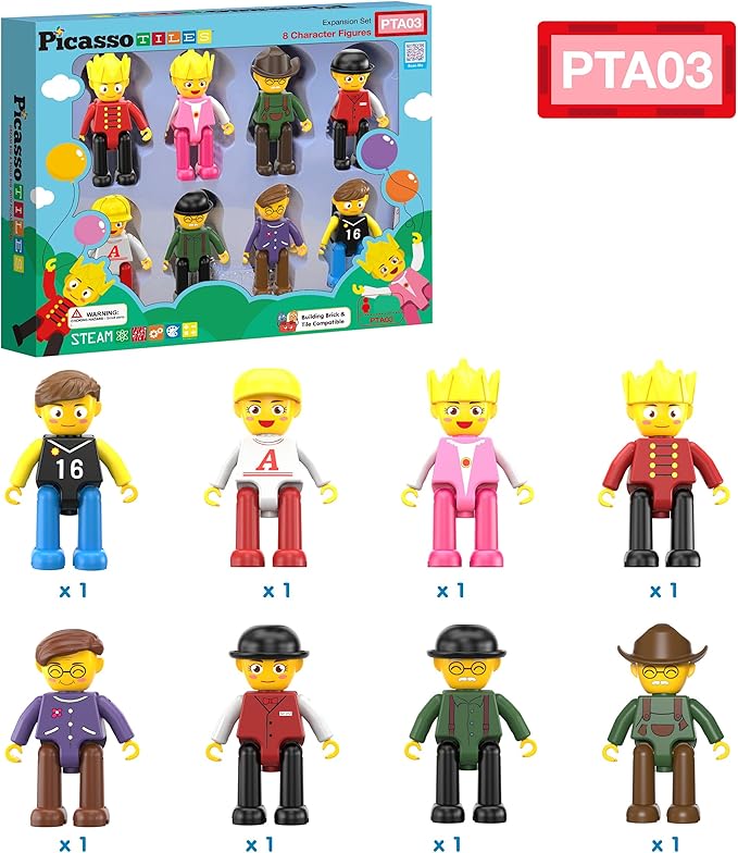 PicassoTiles Magnetic Figures 8 Piece Character Action Figure Toddler Toy Set Magnet Expansion Variety Pack Play People Add-ons STEM Learning Kit Pretend Playset for Construction Building Block PTA03