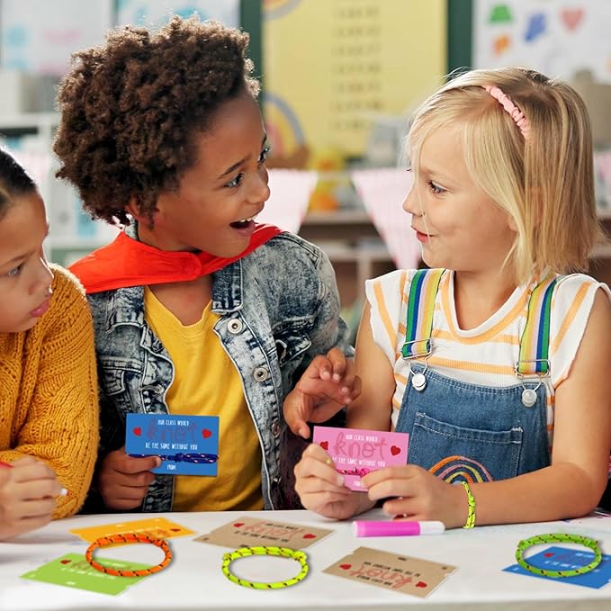 Friendship Bracelet Valentines Cards - 28Pcs Knot Bracelet Greeting Cards, Class Valentines Day Cards for Shcool Classroom Exchange, kids Valentines Day Gifts for Students from Teachers