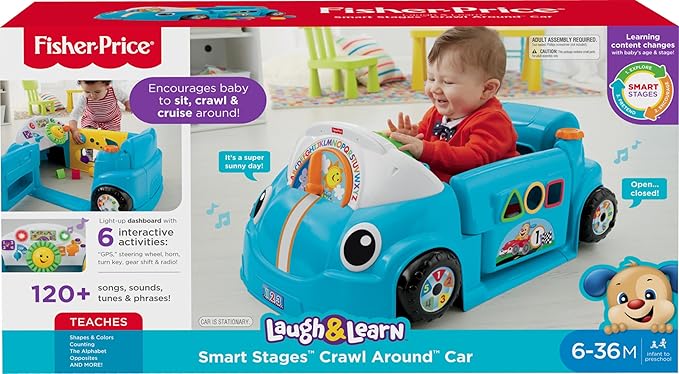 Fisher-Price Baby Learning Toy Laugh & Learn Crawl Around Car Activity Center with Smart Stages for Infants Ages 6+ Months, Blue (Amazon Exclusive)