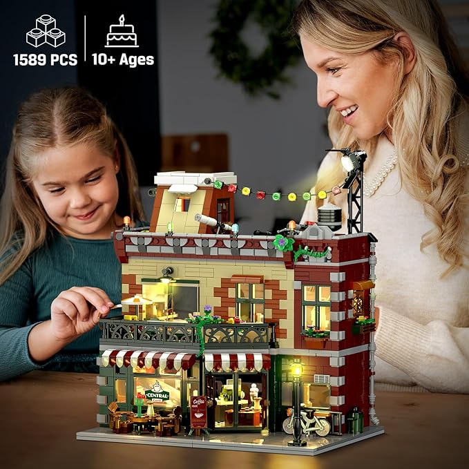 Coffee House Building Set with LED Light, 1589 PCS City Cafe Shop Building Block Toy with Stage Street Lights, Architecture Construction Model for Adults Teens Kids Ages 10 11 12+ Boys Girls