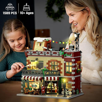 Coffee House Building Set with LED Light, 1589 PCS City Cafe Shop Building Block Toy with Stage Street Lights, Architecture Construction Model for Adults Teens Kids Ages 10 11 12+ Boys Girls