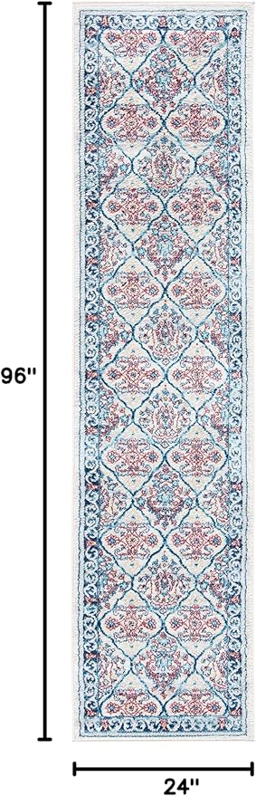 SAFAVIEH Brentwood Collection 2' x 8' Beige / Navy BNT870B Oriental Damask Trellis Non-Shedding Living Room Entryway Foyer Hallway Bedroom Runner Rug
