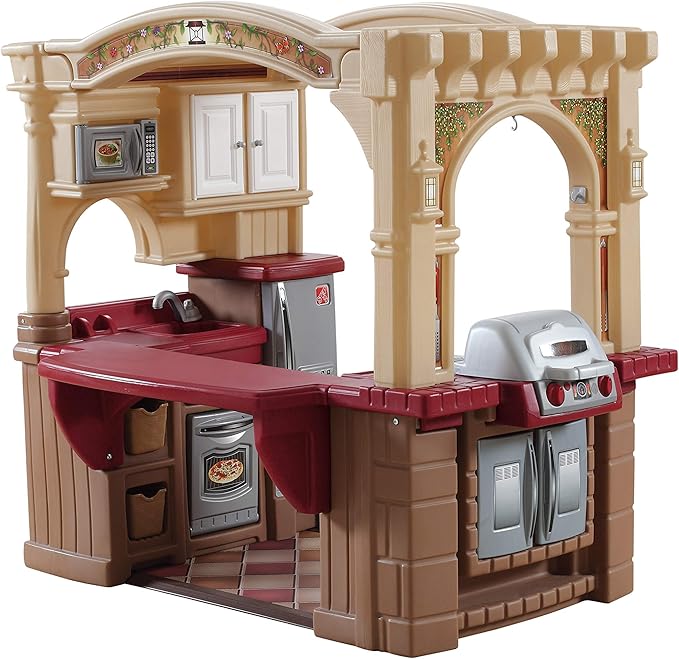 Step2 Grand Walk-In Kitchen & Grill Kids Playset, Indoor/Outdoor Kitchenette, Interactive Play with Lights and Sounds, Durable Plastic, 103 Piece Toy Accessories, Toddlers 2+ Years Old, Brown/Tan