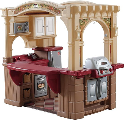 Step2 Grand Walk-In Kitchen & Grill Kids Playset, Indoor/Outdoor Kitchenette, Interactive Play with Lights and Sounds, Durable Plastic, 103 Piece Toy Accessories, Toddlers 2+ Years Old, Brown/Tan