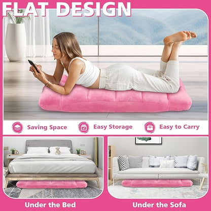 Folding Floor Chair 14-Position Cushioned Adjustable Floor Lazy Sofa Chair w/Breathable Cotton & Skin-Friendly Flannel for Adults & Kids Ideal for Reading Meditating, Pink