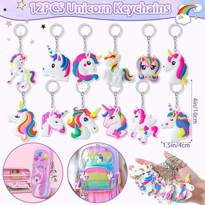 12 Sets Unicorn Party Favors Birthday Supplies for Girls Kids, Drawstring Bag Silicone Bracelet Tattoo Sticker Keychain Unicorn Pinata Filler Goodie Bag Stuffers Unicorn Birthday Party Supplies