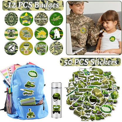 122 PCS Army Party Favors, Military Camo Temporary Tattoos Slap Bracelets Keychains Stickers Badges Goodie Bags Soldiers Figures for Army Birthday Party Decorations Gifts for Kids Classroom Rewards