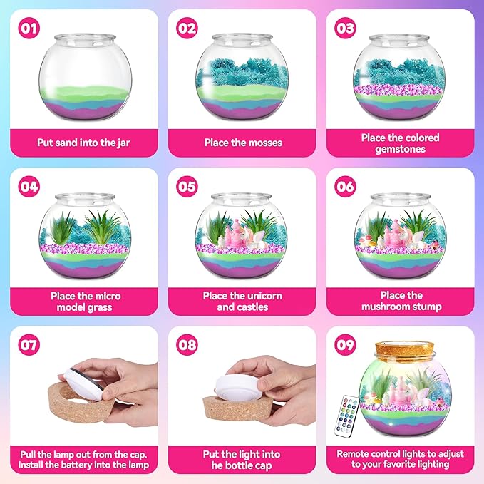 VigorFun Unicorn Terrarium Kit for Kids - Creative LED Night Light Gifts for Girls Birthday Age 3+, DIY Arts & Crafts Light Up Kit, Unicorn Toys for Kids 4 5 6 7 8 9 10 Year Old
