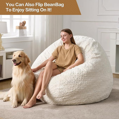 5ft Bean Bag Chairs for Adults Large Beanbag Chair with Chevron Plush Fur Cover Big Bean Bag Chair for Living Room Bedroom Dorm Office - White (50” x 50” x 24”)