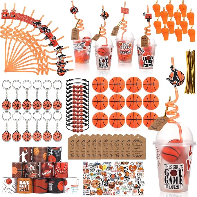 LiYiQ 158 Pcs Basketball Party Favors Basketball Party Supplies with Cup Straw Stress Ball Keychain Sticker Slaps Bracelets Whistle Thank You Tags for Basketball Birthday Decorations (Basketball)