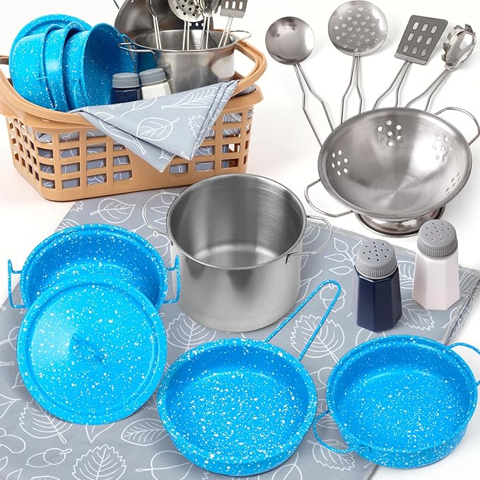 Kids Play Kitchen Toy Accessories Set Toddler Cooking Playset Colorful Stainless Steel Pots and Pans Birthday Gifts for 3+ Girls Boys (New Blue)