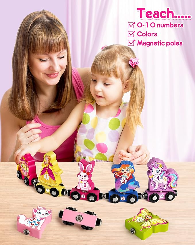 Helsort Wooden Number Train Set for Toddlers, Magnetic Unicorn Trains Toys, Numbers Matching Game for Ages3-5, Toddler Learning Toys, Fine Motor Skills Preschool Activities Birthday Gifts for Girls