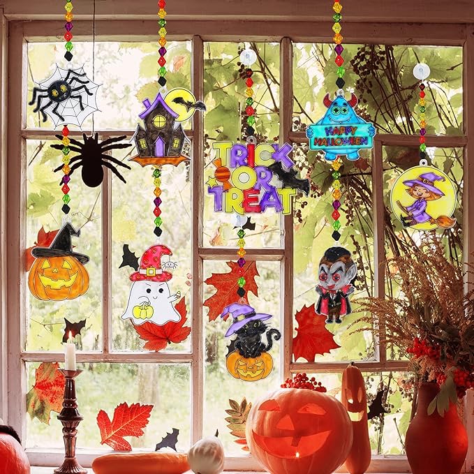 27 Sets Halloween Suncatcher Ornaments Decoration DIY Window Paint Art Craft Kit Jack-O'-Lantern Ghost Vampire Witch Spider Sun Catchers for Halloween Classroom Party Art Activity Trick or Treat Gift