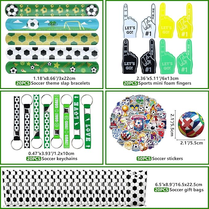 130PCS Soccer Party Favors - Incliding Soccer Keychains, Soccer Gift Bags, Slap Bracelets, Soccer Stickers, Sports Mini Foam Fingers for Boys Fans Sports Soccer Birthday Party Supplies