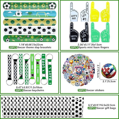 130PCS Soccer Party Favors - Incliding Soccer Keychains, Soccer Gift Bags, Slap Bracelets, Soccer Stickers, Sports Mini Foam Fingers for Boys Fans Sports Soccer Birthday Party Supplies