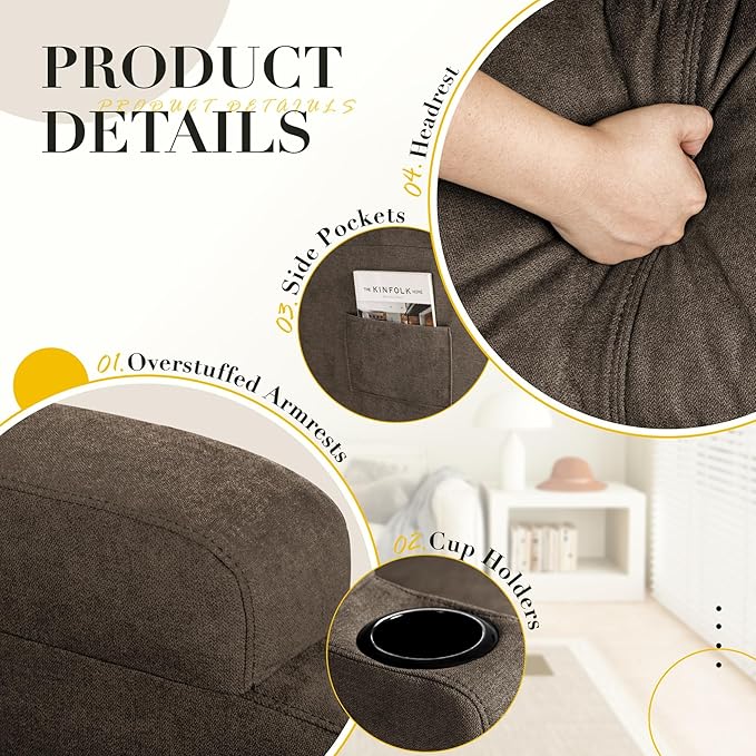 Recliner Chair, 360° Swivel Rocker Chair for Adults, Rocking Recliner Chair with Massage, Comfy Single Sofa with Side Pockets Cup Holders for Living Room, Bedroom, Nursery (Fabric, Brown)