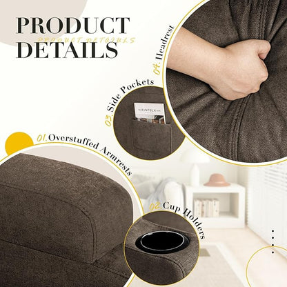 Recliner Chair, 360° Swivel Rocker Chair for Adults, Rocking Recliner Chair with Massage, Comfy Single Sofa with Side Pockets Cup Holders for Living Room, Bedroom, Nursery (Fabric, Brown)