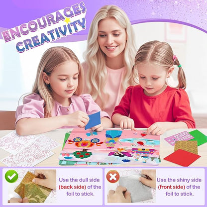 URMYWO Fun Foil Art Craft Supplies Kits, Princess Arts and Crafts for Kids Ages 4-8, No Mess DIY Creative Activity Sticker & Coloring Books, Travel Toys, Gifts for 4 5 6 7 8 9 10 Year Old Girls Boys