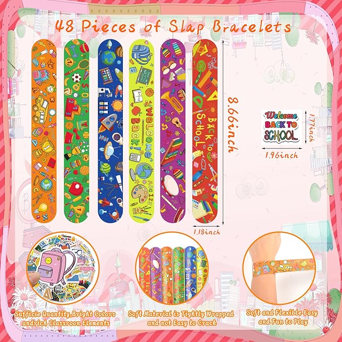 48 Pcs Back to School Slap Bracelets and 50 Pcs Party Stickers with Student Study Theme Slap Bracelets Wristbands for First Day of School Decorations, Classroom Rewards, Kid Birthday Gifts