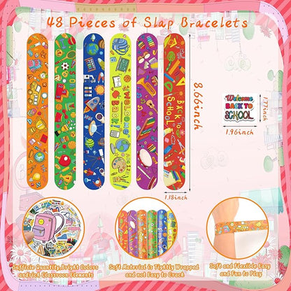 48 Pcs Back to School Slap Bracelets and 50 Pcs Party Stickers with Student Study Theme Slap Bracelets Wristbands for First Day of School Decorations, Classroom Rewards, Kid Birthday Gifts