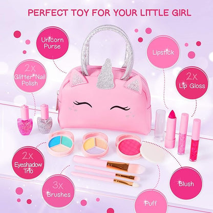 Kids Real Makeup Kit for Girls with Pink Unicorn Purse - Non-Toxic Washable Make Up Toy - Valentines Day Gift for Kids Toddlers Young Children Ages 3 4 5 6 7 8 9 10 Years Old - Pretend Play Vanity Set