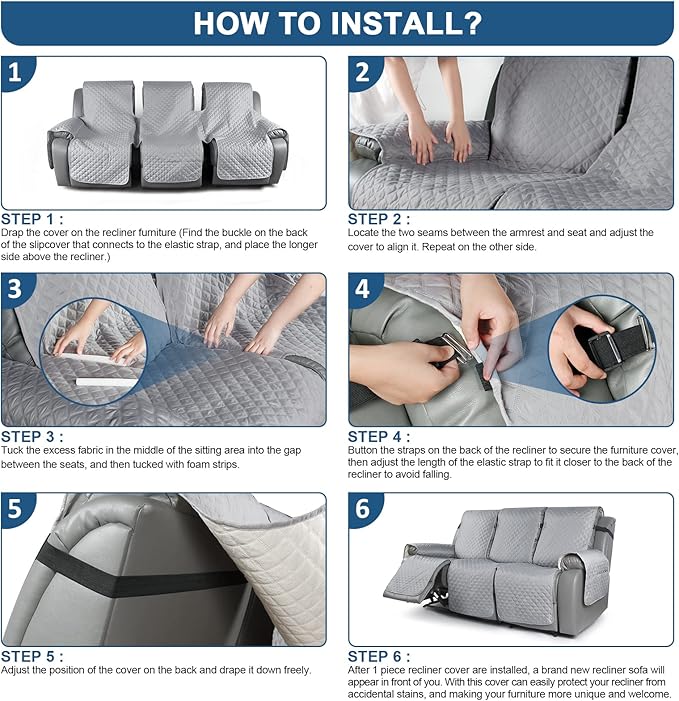 TAOCOCO Recliner Sofa Slipcover Couch Covers for 3 Cushion Couch, Pet Sofa Cover for 3 Seat Recliner Sofa, Washable Reclining Furniture Protector with Elastic Straps(3 Seater, Light Gray)