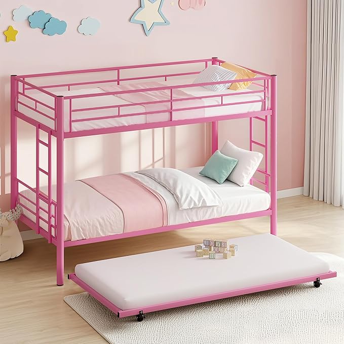 VECELO Twin Over Twin Bunk Bed with Trundle, Convertible Metal Bunkbeds with 2 Ladders and Guardrails, Space Saving, No Box Spring, Pink