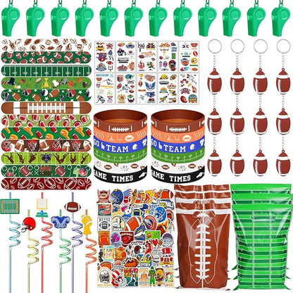 134 Pcs Football Party Favors Set 12 Silicone Bracelet 12 Whistles 12 Keychains 12 Slap Bracelet 12 Tattoo Stickers 12 Plastic Straws 12 Gift Bags 50 Football Stickers for Football Party Supplies