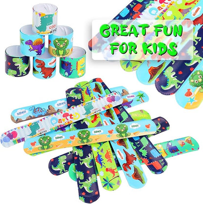 DERAYEE 24 Pcs Dinosaur Slap Bracelets for Kids, Jurassic Forest World theme Snap Bands Toy Gift Party Favor Supplies for Dino Party Bag