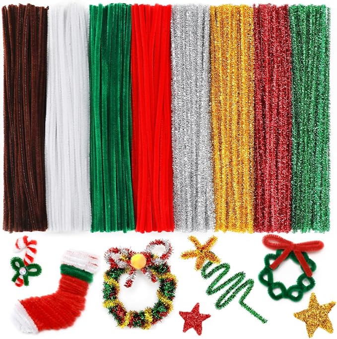 IOOLEEM Christmas Pipe Cleaners, 200pcs in 8 Christmas Colors, Chenille Stems for Christams, DIY Christmas Crafts and Party Decors, Art and Craft Supplies.